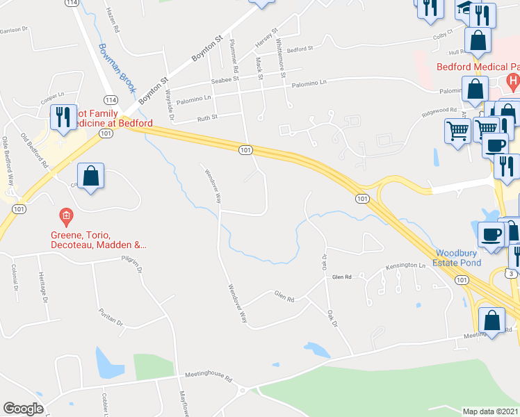 map of restaurants, bars, coffee shops, grocery stores, and more near 65 Plummer Road in Bedford