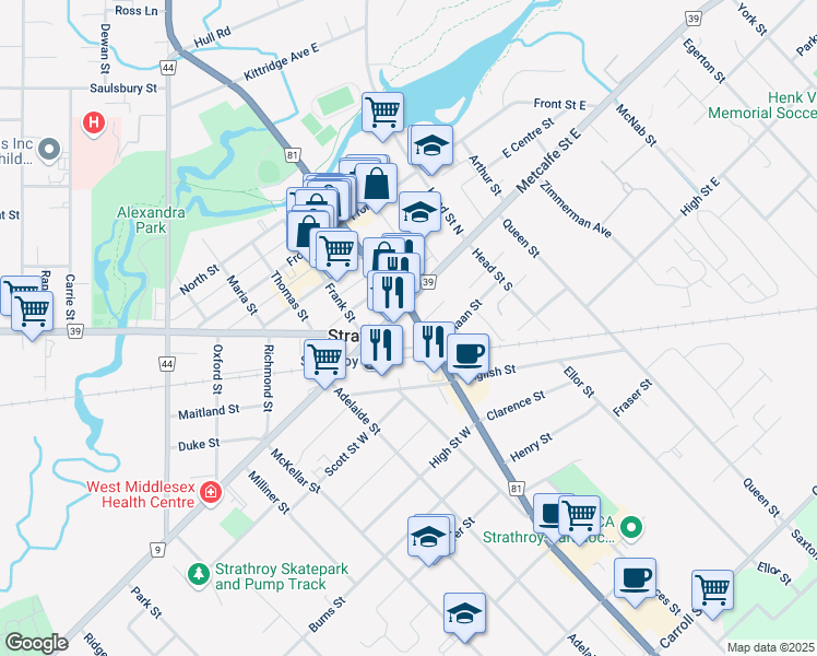 map of restaurants, bars, coffee shops, grocery stores, and more near 10 Metcalfe Street West in Strathroy