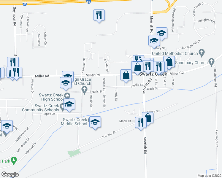 map of restaurants, bars, coffee shops, grocery stores, and more near 8129 Ingalls Street in Swartz Creek