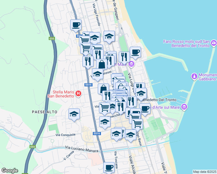 map of restaurants, bars, coffee shops, grocery stores, and more near 145 Via San Martino in San Benedetto del Tronto
