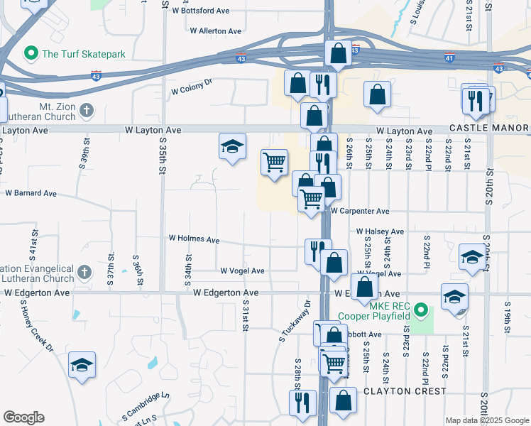 map of restaurants, bars, coffee shops, grocery stores, and more near 4915 South 30th Street in Greenfield