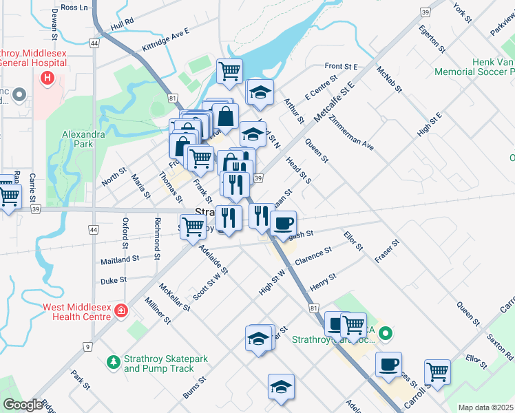 map of restaurants, bars, coffee shops, grocery stores, and more near 10 Metcalfe Street West in Strathroy
