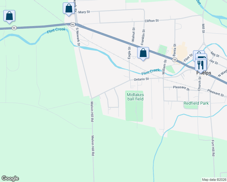 map of restaurants, bars, coffee shops, grocery stores, and more near 101 Ontario Street in Phelps