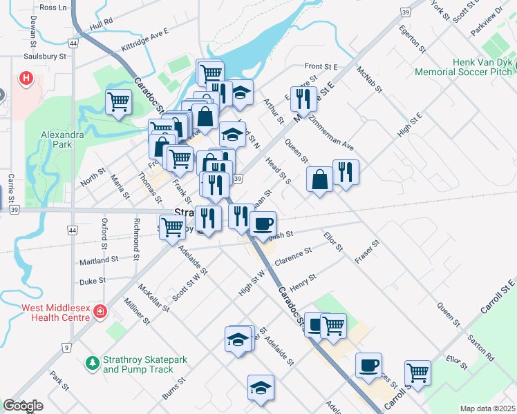 map of restaurants, bars, coffee shops, grocery stores, and more near 40 Canaan Street in Strathroy