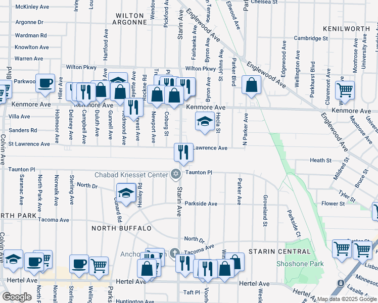 map of restaurants, bars, coffee shops, grocery stores, and more near 713 Saint Lawrence Avenue in Buffalo