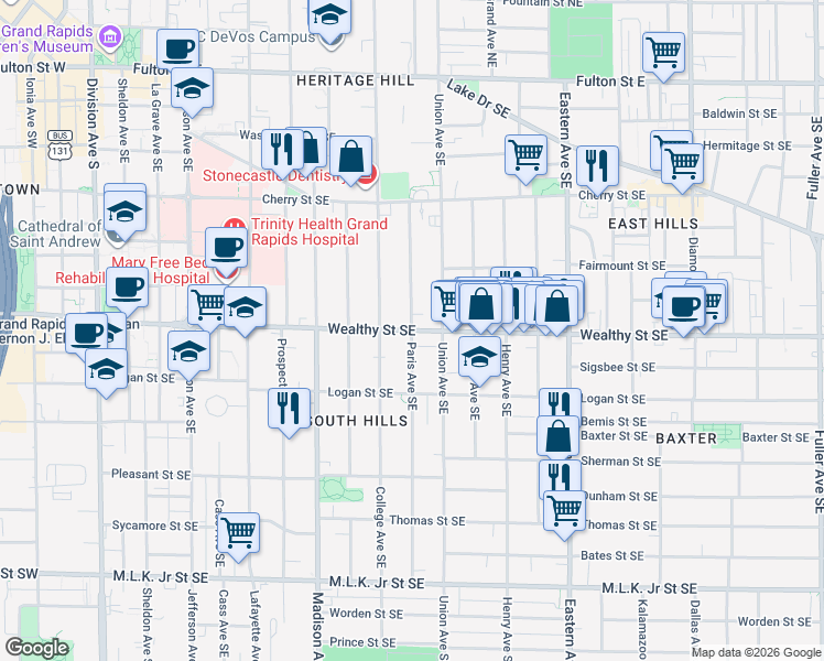 map of restaurants, bars, coffee shops, grocery stores, and more near Wealthy Street Southeast & Paris Avenue Southeast in Grand Rapids