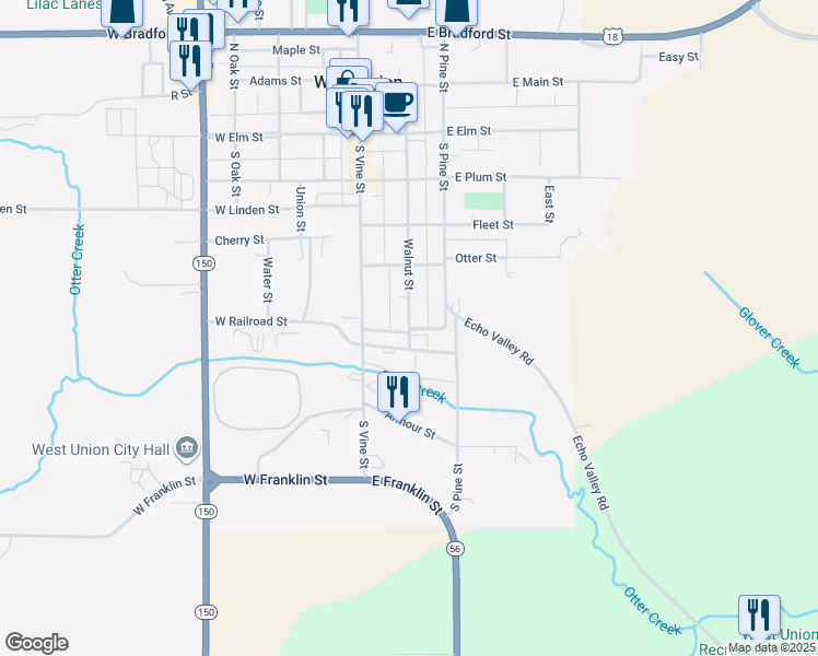 map of restaurants, bars, coffee shops, grocery stores, and more near 547 Walnut St in West Union