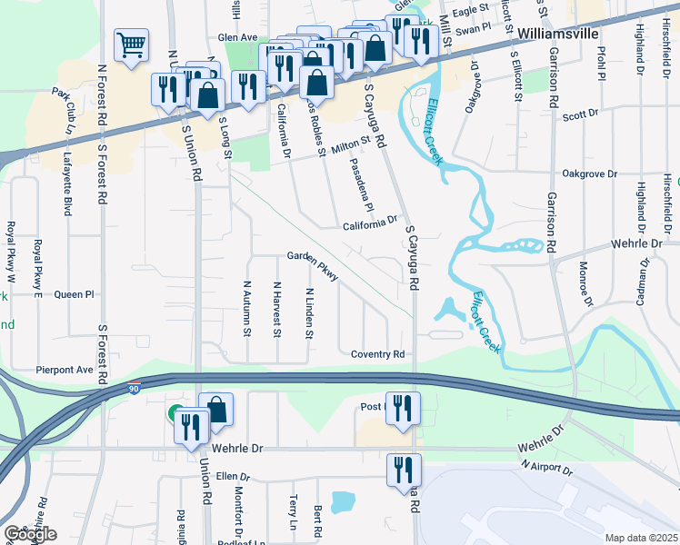 map of restaurants, bars, coffee shops, grocery stores, and more near 197 Garden Parkway in Buffalo