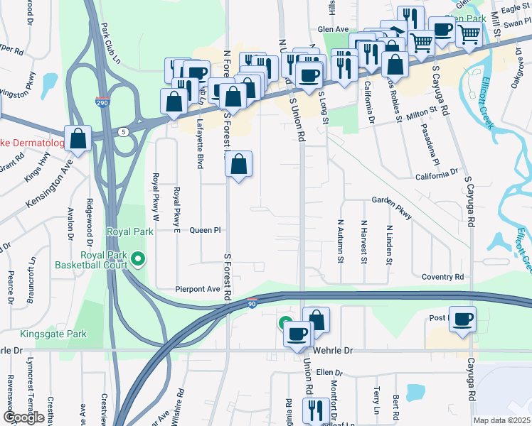 map of restaurants, bars, coffee shops, grocery stores, and more near 186 South Forest Road in Buffalo