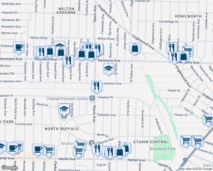 map of restaurants, bars, coffee shops, grocery stores, and more near 759 Saint Lawrence Avenue in Buffalo
