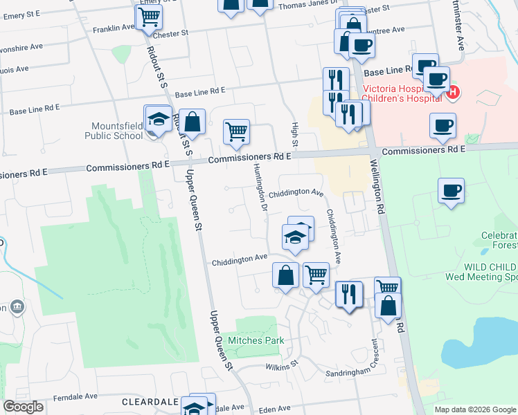 map of restaurants, bars, coffee shops, grocery stores, and more near 515 Huntingdon Drive in London