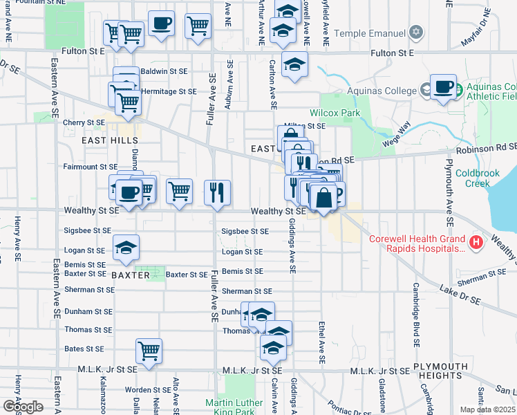 map of restaurants, bars, coffee shops, grocery stores, and more near 1313 Wealthy Street Southeast in Grand Rapids