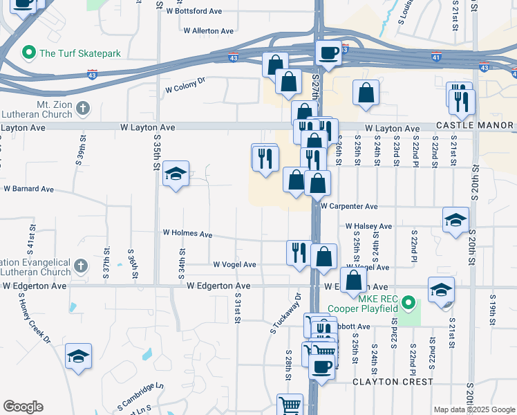 map of restaurants, bars, coffee shops, grocery stores, and more near 4915 South 30th Street in Greenfield
