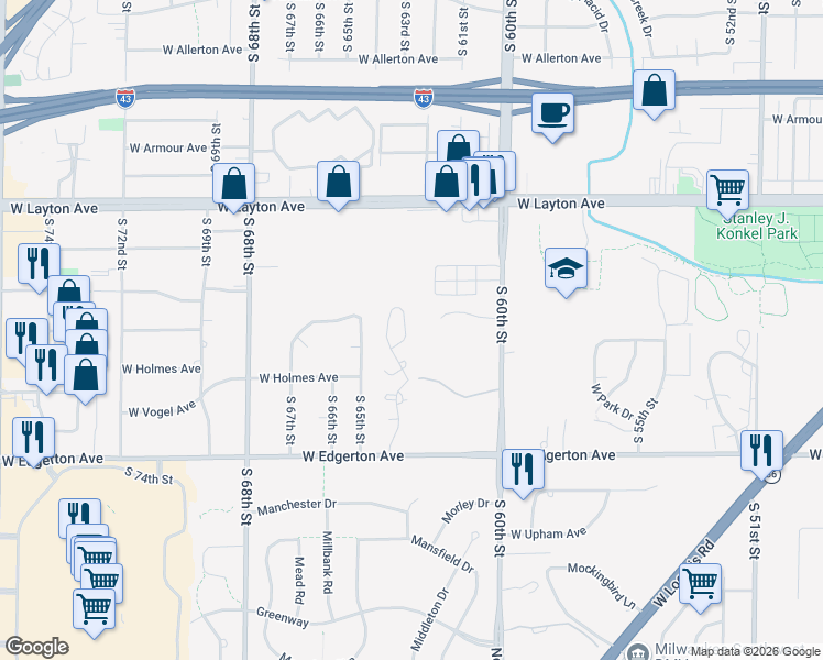 map of restaurants, bars, coffee shops, grocery stores, and more near 4924 South Imperial Circle in Greenfield