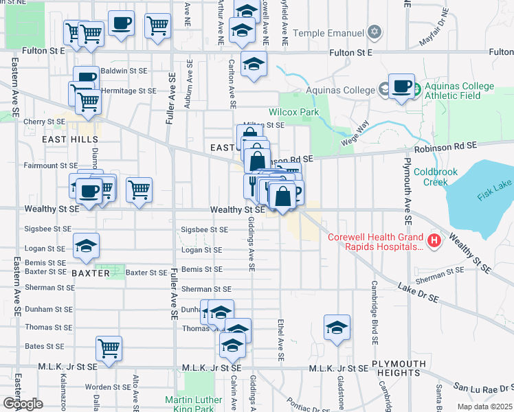 map of restaurants, bars, coffee shops, grocery stores, and more near 1415 Wealthy Street Southeast in Grand Rapids