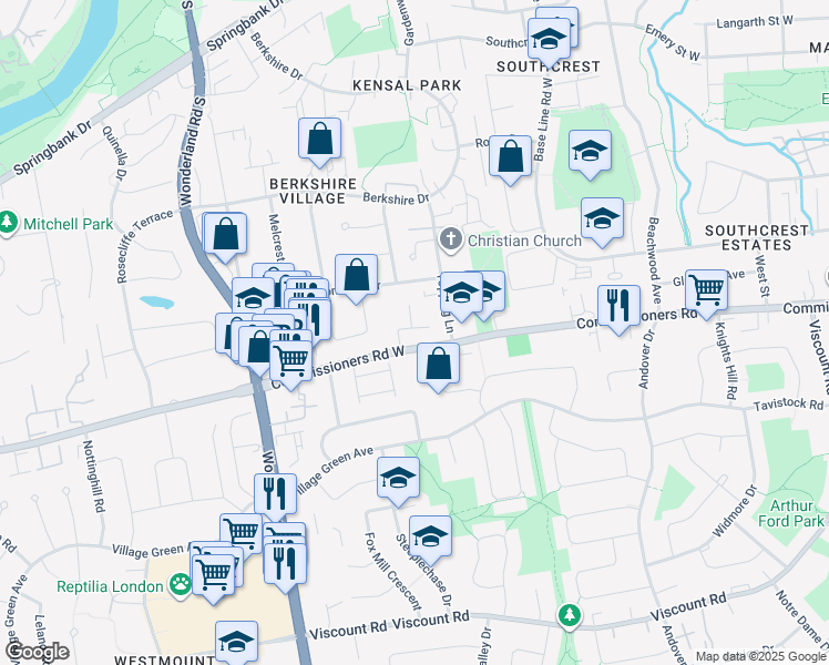 map of restaurants, bars, coffee shops, grocery stores, and more near 405 Commissioners Road West in London