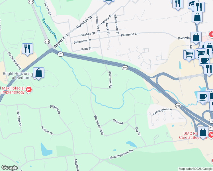 map of restaurants, bars, coffee shops, grocery stores, and more near 65 Plummer Road in Bedford