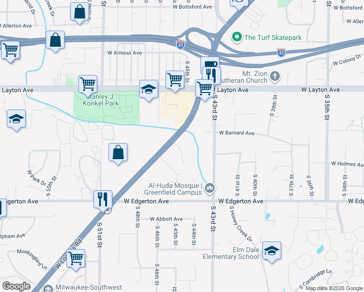 map of restaurants, bars, coffee shops, grocery stores, and more near 4815 South Waterview Court in Greenfield