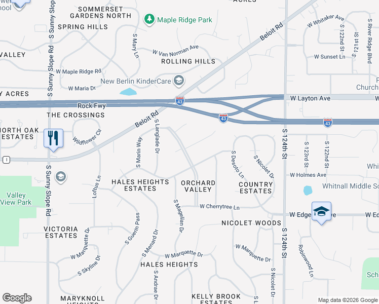 map of restaurants, bars, coffee shops, grocery stores, and more near 4916 South Courtland Parkway in New Berlin