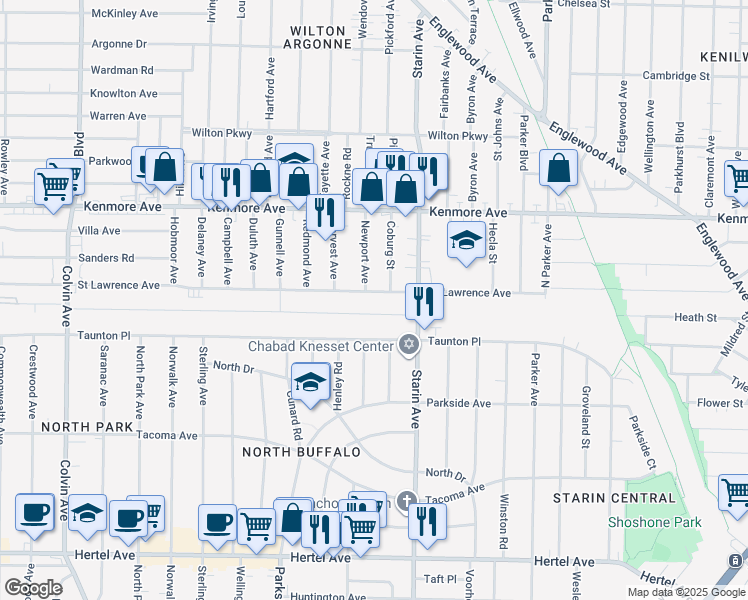 map of restaurants, bars, coffee shops, grocery stores, and more near 635 Saint Lawrence Avenue in Buffalo