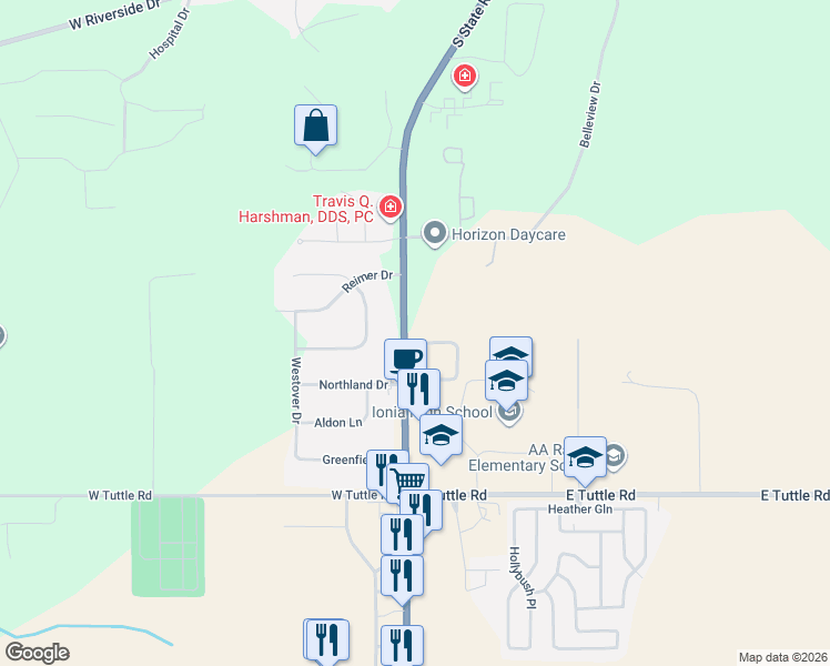 map of restaurants, bars, coffee shops, grocery stores, and more near 2193 Virginia Avenue in Ionia