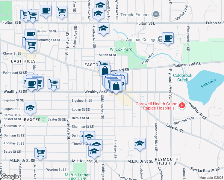 map of restaurants, bars, coffee shops, grocery stores, and more near 1441 Wealthy Street Southeast in Grand Rapids