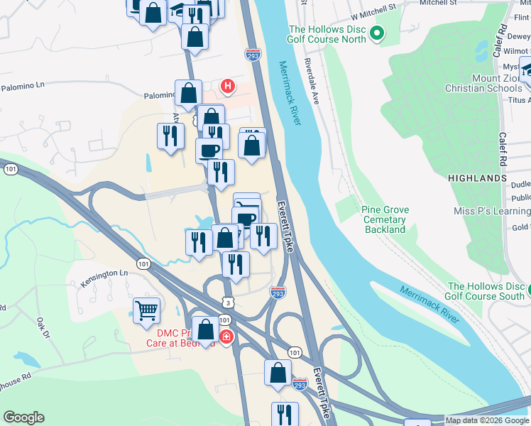 map of restaurants, bars, coffee shops, grocery stores, and more near 107 South River Road in Bedford