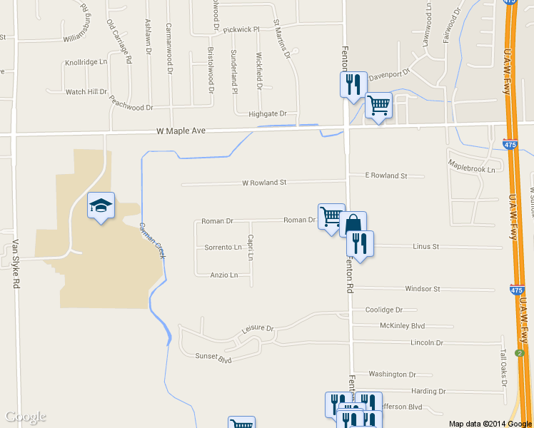 map of restaurants, bars, coffee shops, grocery stores, and more near 1132 Roman Drive in Flint