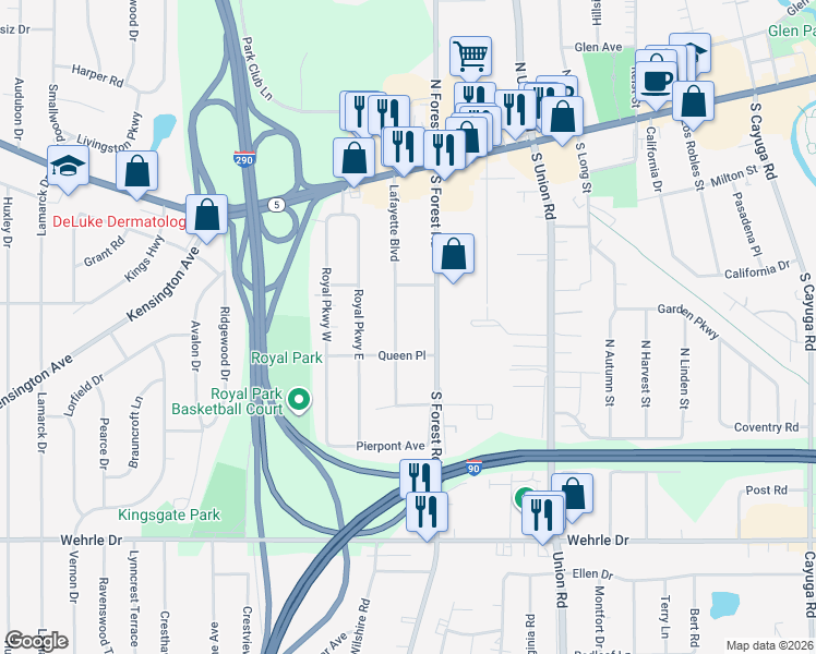 map of restaurants, bars, coffee shops, grocery stores, and more near 170 Lafayette Boulevard in Buffalo