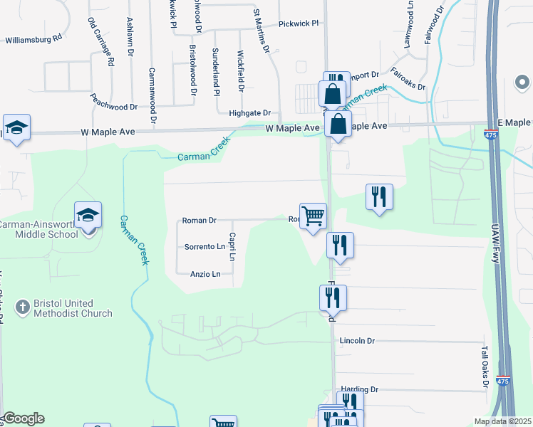 map of restaurants, bars, coffee shops, grocery stores, and more near 1132 Roman Drive in Flint