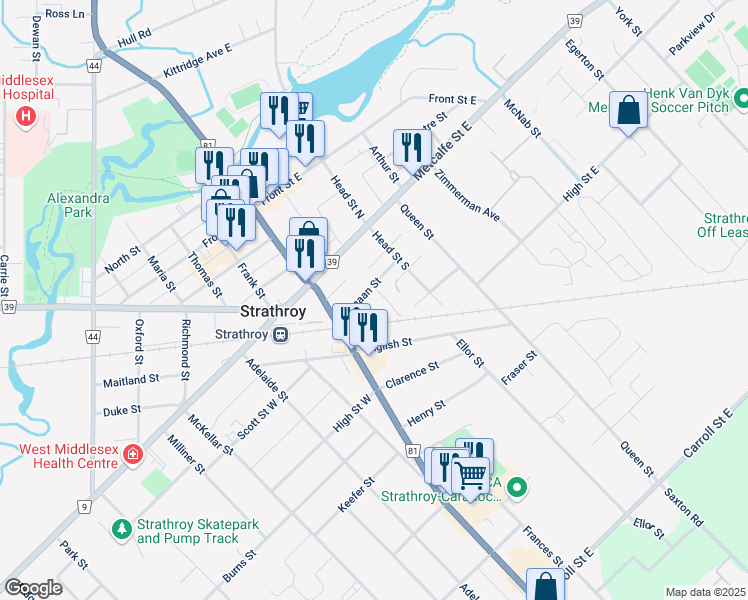 map of restaurants, bars, coffee shops, grocery stores, and more near 40 Canaan Street in Strathroy