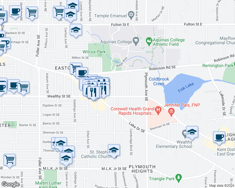 map of restaurants, bars, coffee shops, grocery stores, and more near 1625 Wealthy Street Southeast in East Grand Rapids