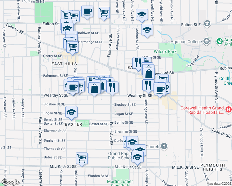 map of restaurants, bars, coffee shops, grocery stores, and more near 1215 Wealthy Street Southeast in Grand Rapids