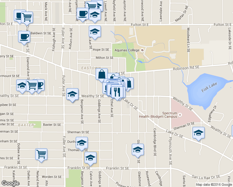 map of restaurants, bars, coffee shops, grocery stores, and more near 1511 Wealthy Street Southeast in Grand Rapids