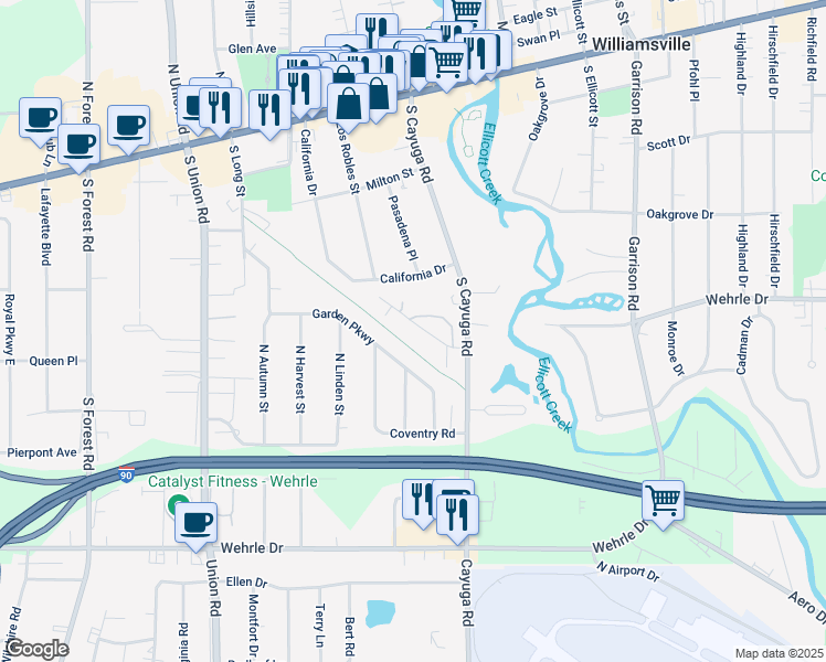 map of restaurants, bars, coffee shops, grocery stores, and more near 84A Wellington Court in Buffalo
