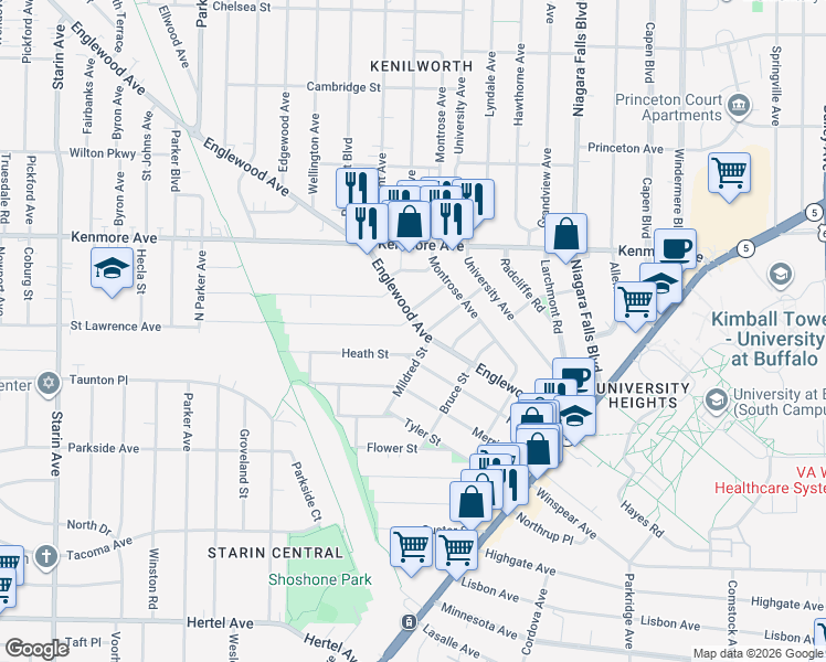 map of restaurants, bars, coffee shops, grocery stores, and more near 170 Englewood Avenue in Buffalo