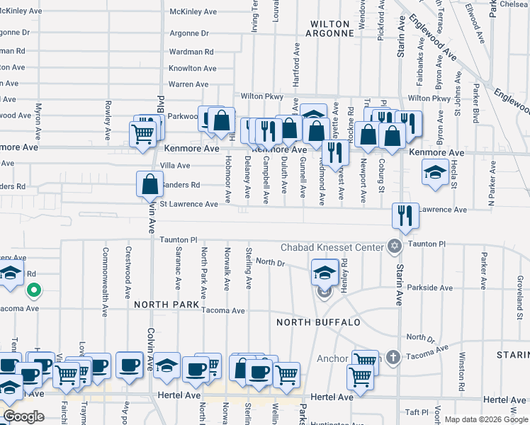 map of restaurants, bars, coffee shops, grocery stores, and more near 171 Rachel Vincent Way in Buffalo