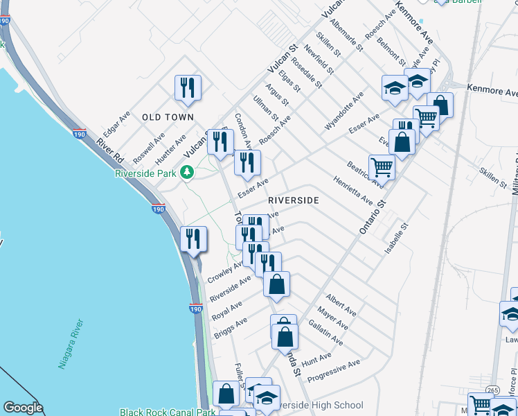 map of restaurants, bars, coffee shops, grocery stores, and more near 253 Laird Avenue in Buffalo