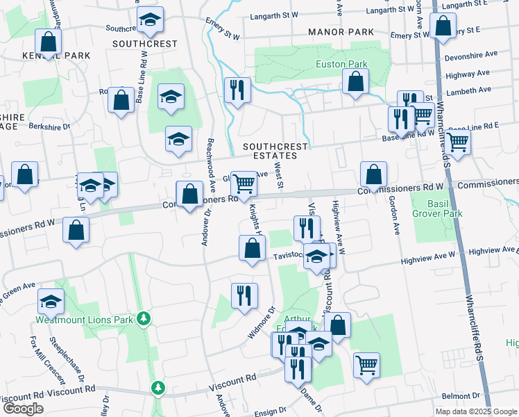 map of restaurants, bars, coffee shops, grocery stores, and more near 551 Knights Hill Road in London