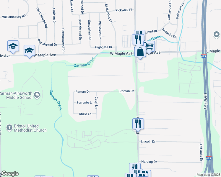 map of restaurants, bars, coffee shops, grocery stores, and more near 1132 Roman Drive in Flint