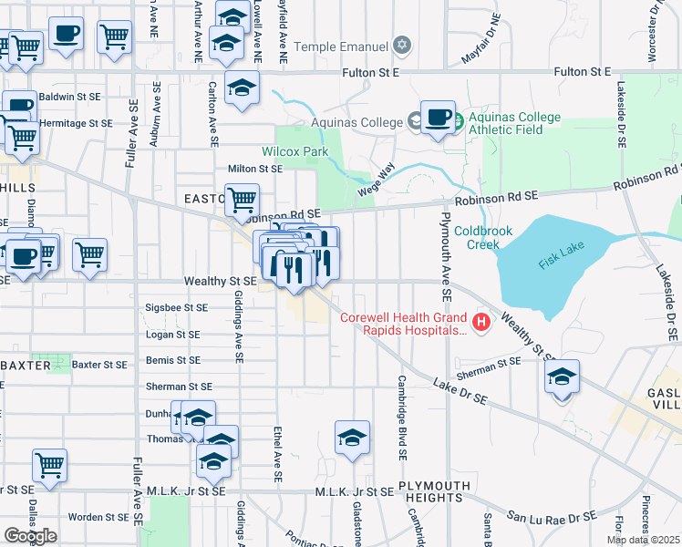 map of restaurants, bars, coffee shops, grocery stores, and more near 1555 Wealthy Street Southeast in Grand Rapids