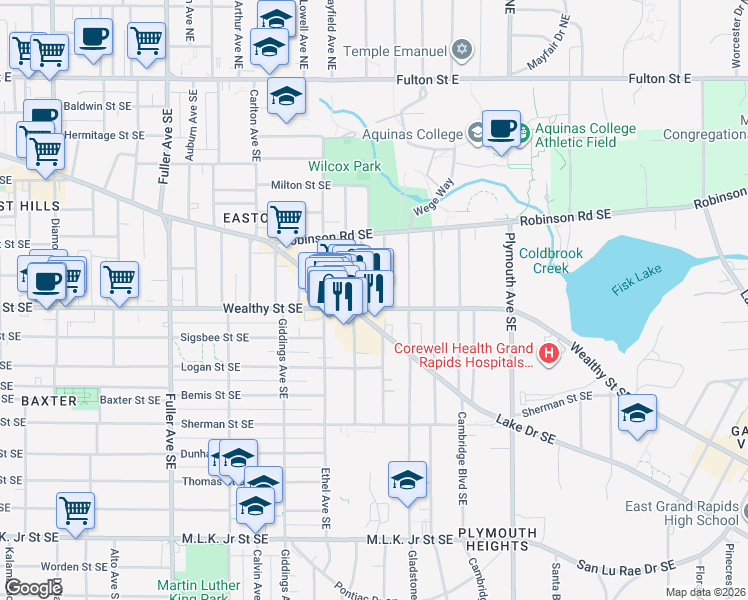 map of restaurants, bars, coffee shops, grocery stores, and more near 1555 Wealthy Street Southeast in Grand Rapids