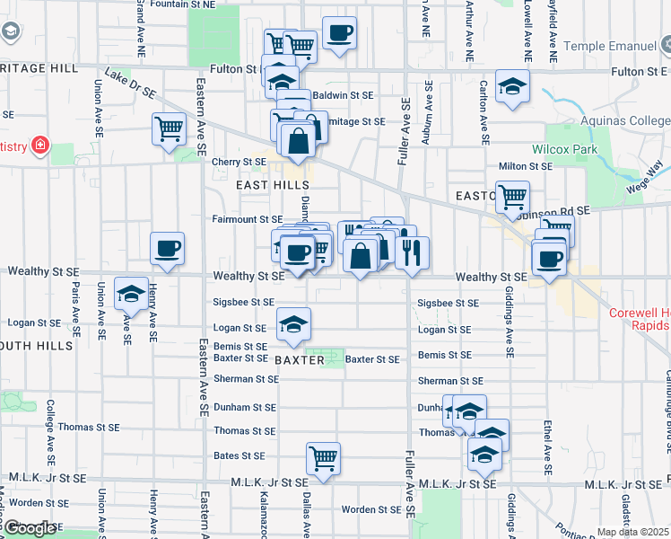 map of restaurants, bars, coffee shops, grocery stores, and more near 1048n Wealthy Street Southeast in Grand Rapids