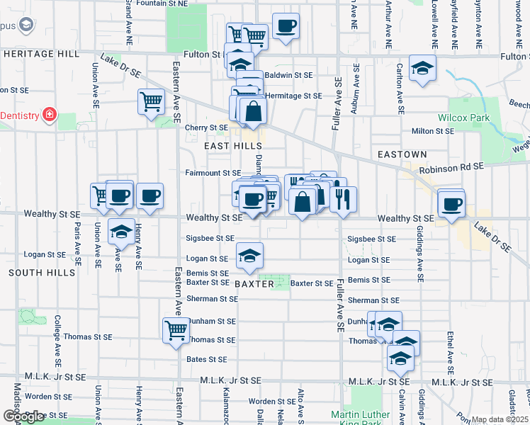 map of restaurants, bars, coffee shops, grocery stores, and more near 1012 Wealthy Street Southeast in Grand Rapids