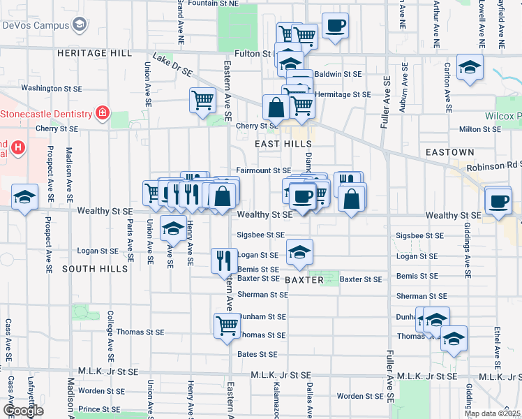 map of restaurants, bars, coffee shops, grocery stores, and more near in Grand Rapids