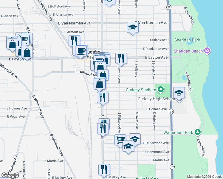 map of restaurants, bars, coffee shops, grocery stores, and more near 3667A East Carpenter Avenue in Cudahy