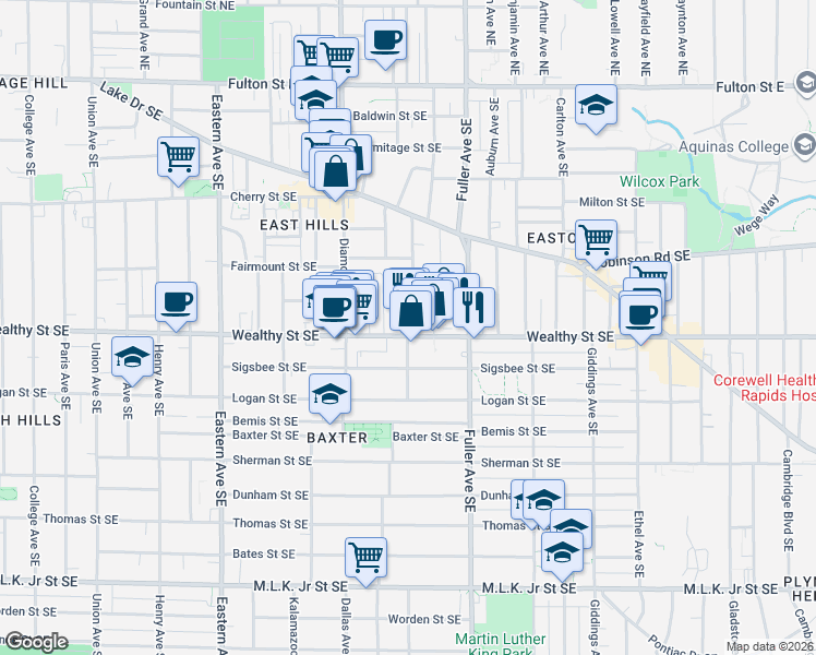 map of restaurants, bars, coffee shops, grocery stores, and more near 1059 Wealthy Street Southeast in Grand Rapids