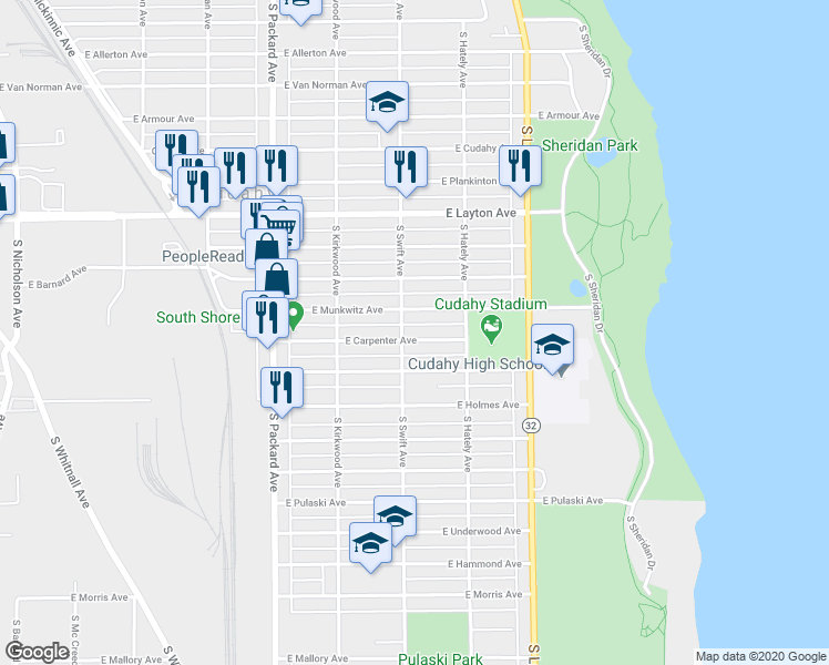 map of restaurants, bars, coffee shops, grocery stores, and more near 3812 East Carpenter Avenue in Cudahy