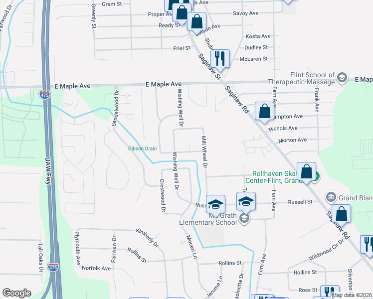 map of restaurants, bars, coffee shops, grocery stores, and more near 5258 Spinning Wheel Drive in Grand Blanc