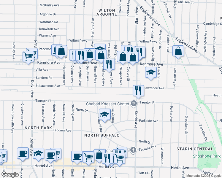 map of restaurants, bars, coffee shops, grocery stores, and more near 585 Saint Lawrence Avenue in Buffalo
